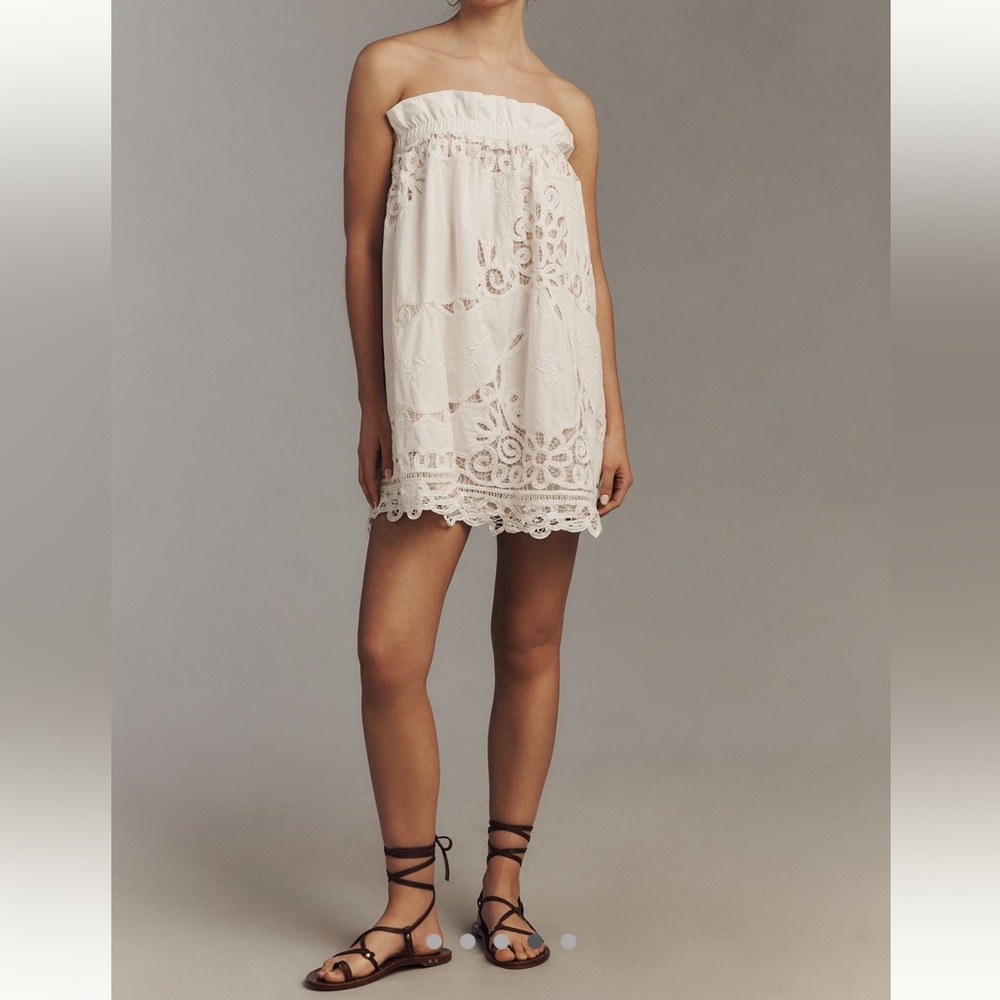 Anthropologie by Maeve Strapless Ivory Lace Mini Dress Peach Lining SIZE M NEW